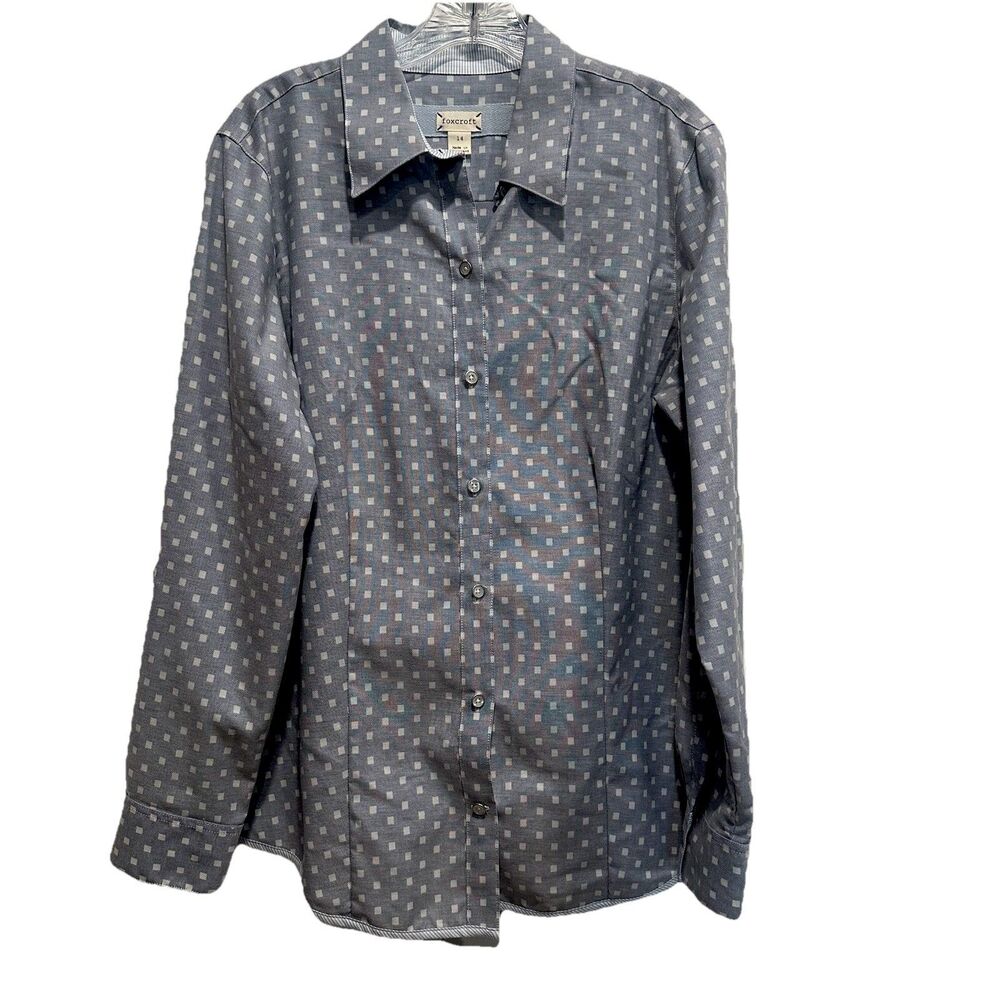 Foxcroft Button Down Shirt Top Women Size 14 Gray Polka Dot Cotton Blend Career